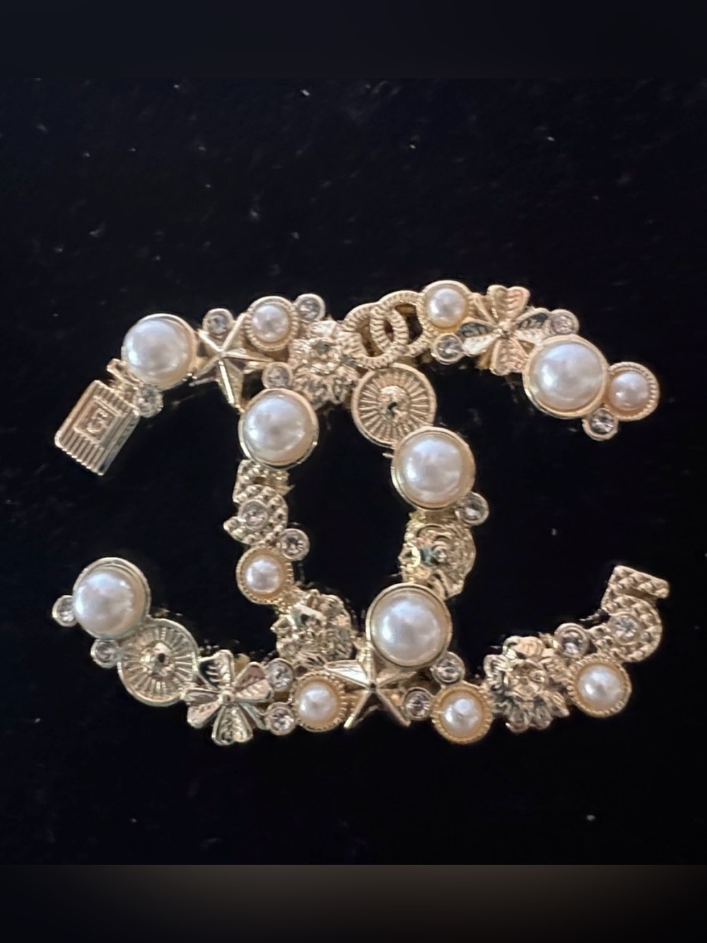 Double C Logo Gold Tone Stars, Pearls, Perfume Bottle Ornate Brooch